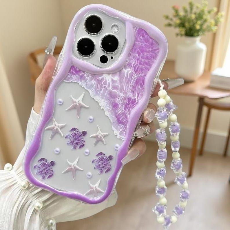 Summer Turtle iPhone Case with Bead Strap | Wavy Marine Phone Cover | Soft TPU Protection 2-T16973