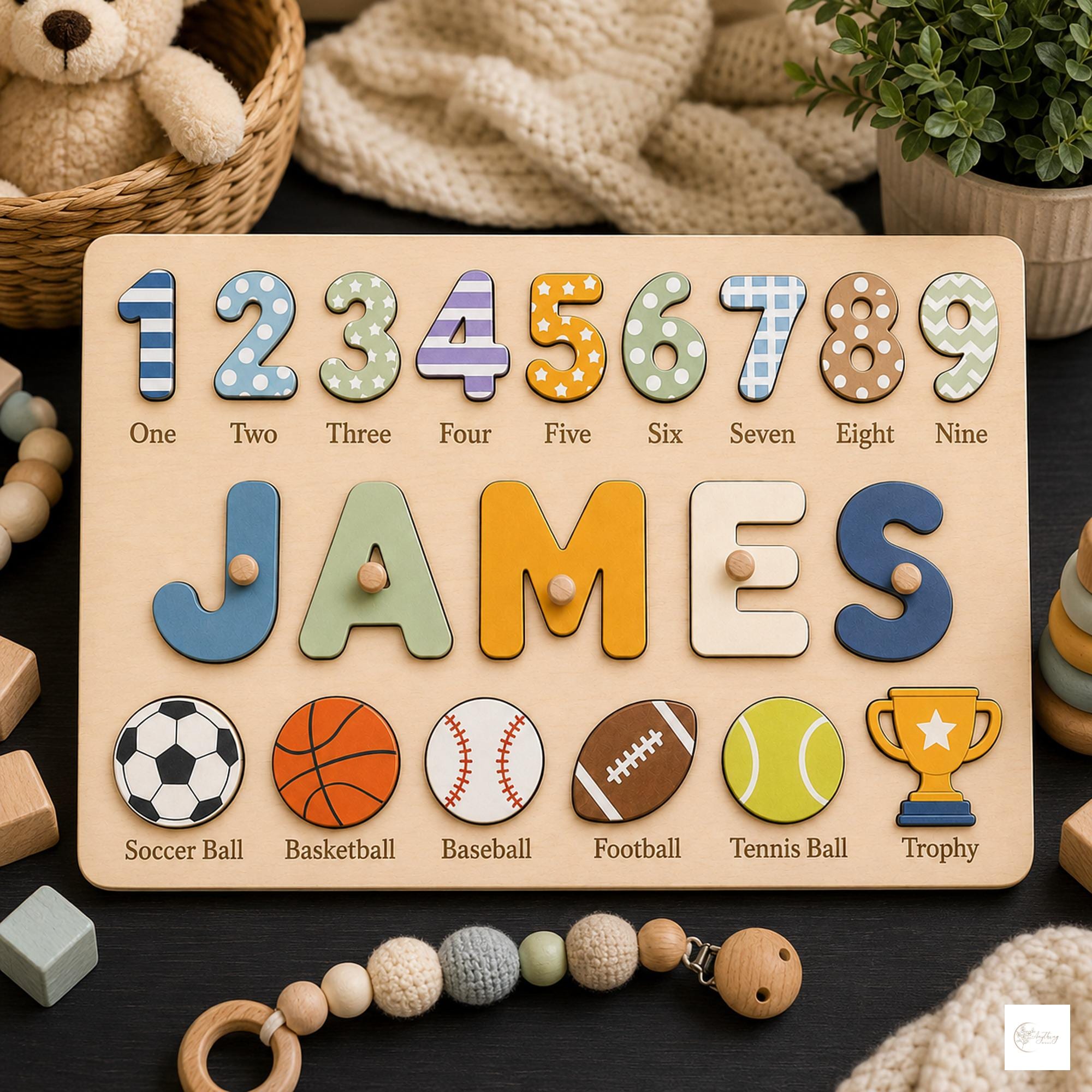Personalized Number & Sports Name Puzzle, Wooden Football, Basketball, Baseball Toddler Toy, Montessori Learning and Baby Gift