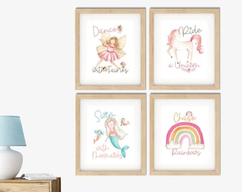 Dance com fadas, monte um unicórnio, nade com sereias, persiga arco-íris - Conjunto de 4 estampas - Arte de parede do BERÇÁRIO para meninas - Arquivo digital para impressão