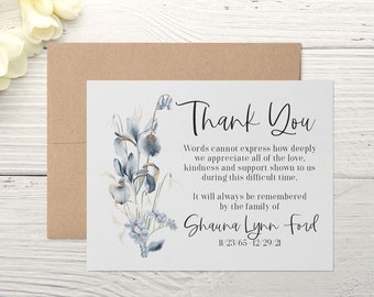 Personalized Funeral Acknowledgement Cards - Floral Blue Bouquet - Sympathy Thank You Bereavement Note Cards - Eco Friendly