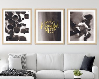 What a Beautiful Mess - Black White Gold Abstract Watercolor Blotches - 8x10 or 16x20 PRINTS - DIGITAL Download Printable FILE