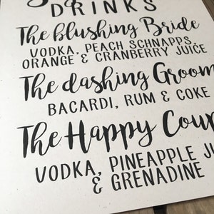 Wedding Signage SIGNATURE DRINKS CUSTOM Personalize Alcohol Mixes Happy Couple Bride Groom Recycled Eco Friendly image 4