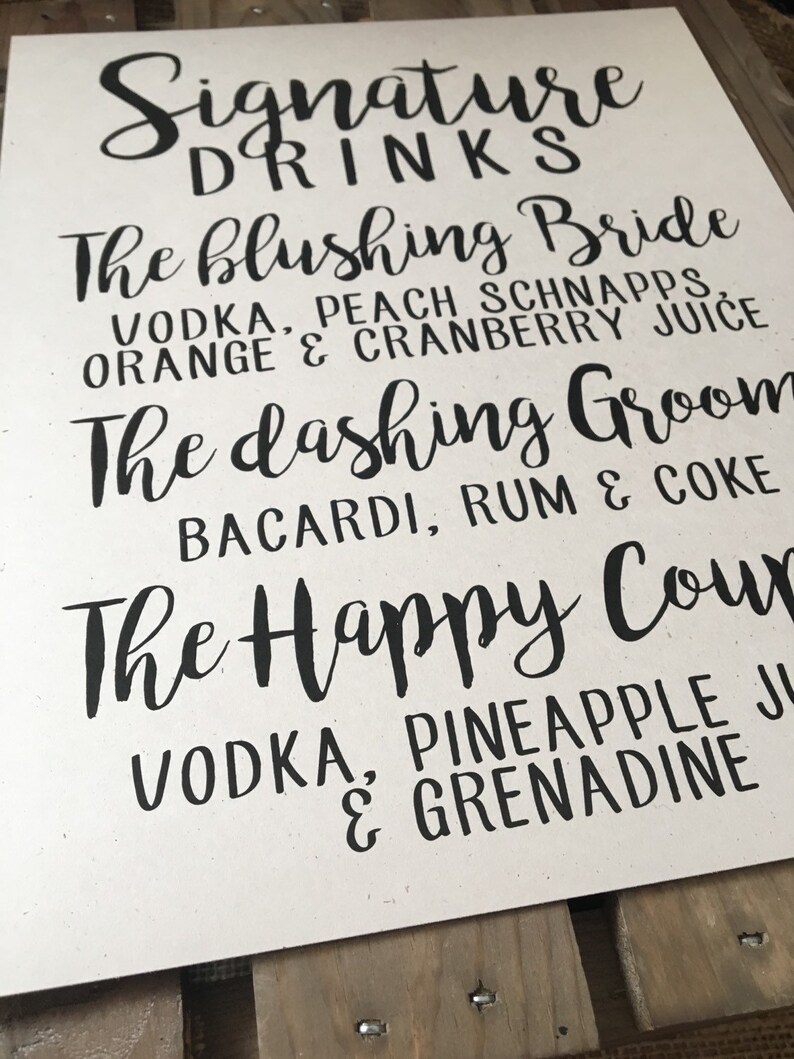Wedding Signage SIGNATURE DRINKS CUSTOM Personalize Alcohol Mixes Happy Couple Bride Groom Recycled Eco Friendly image 4