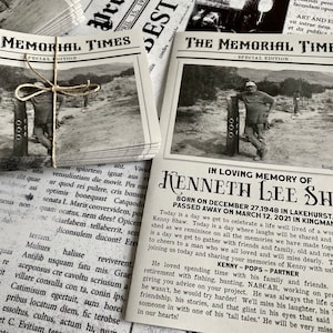 Memorial Mini Newspaper Program - Custom - Funeral - Celebration of Life - Digital File or PRINTED