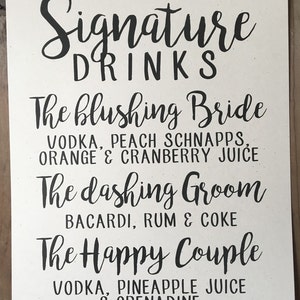 Wedding Signage SIGNATURE DRINKS CUSTOM Personalize Alcohol Mixes Happy Couple Bride Groom Recycled Eco Friendly image 3