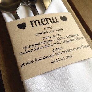 Menu personalizzato - tovagliolo moderno Wrap titolare polsino - Reception argenteria - riciclata - Eco - stampato - digitale - fai da te - stampabile