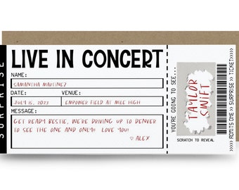 Carte à gratter personnalisée pour billet de concert surprise avec enveloppe - Live in Concert - Occasion spéciale - Musique