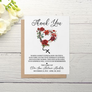Gepersonaliseerde begrafenis erkenning kaarten - hart rozenkrans rode bloemen - sympathie dank u sterfgeval Opmerking kaarten - eco-vriendelijk