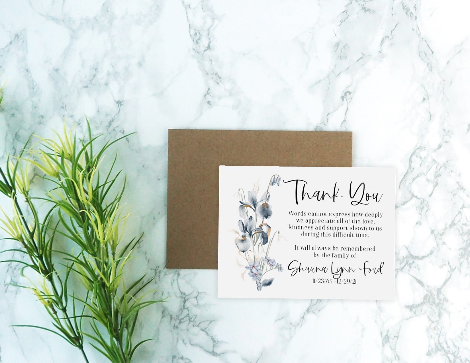 Personalized Funeral Acknowledgement Cards - Floral Blue Bouquet ...