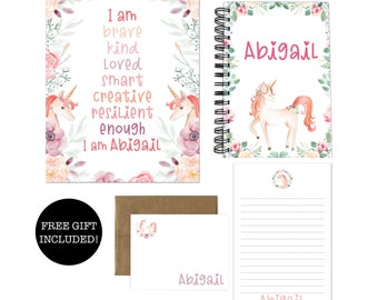Juego de papelería personalizado de unicornio para niños - Diario personalizado - Tarjetas de notas y papel de escritura - Impresión inspiradora - Para niñas - Regalo