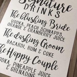 Wedding Signage SIGNATURE DRINKS CUSTOM Personalize Alcohol Mixes Happy Couple Bride Groom Recycled Eco Friendly image 2