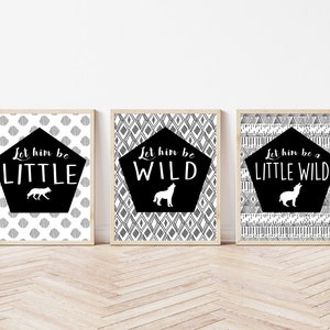Let him be a LITTLE WILD - Wolf Howl - Tribal Aztec Geometric - NURSERY Wall Art - Set of 3 - Digital Printable File