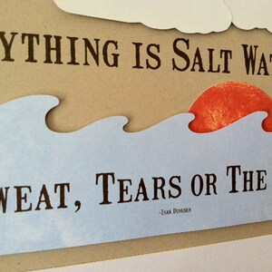 May include: A blue and white wave design with a red sun setting behind it. The text reads "Anything is salt water - sweat, tears or the sea." - Isak Dinesen