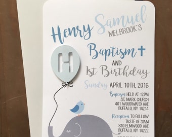 Elephant Bird Balloon Invitation - CUSTOM - Birthday Baptism Baby Shower - Boy Girl Gender Neutral - Recycled - Eco - DIGITAL - Printable