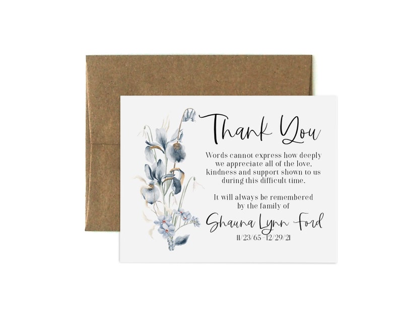 Personalized Funeral Acknowledgement Cards Floral Blue Etsy