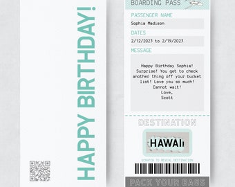 May include: A printable boarding pass birthday card with a green and white color scheme. The card features a message that says "Happy Birthday!" and a boarding pass with the text "Sophia Madison" and "Hawaii".