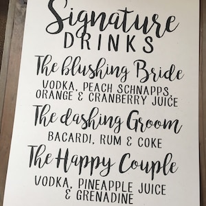 Wedding Signage - SIGNATURE DRINKS - CUSTOM Personalize - Alcohol Mixes - Happy Couple Bride Groom - Recycled - Eco Friendly