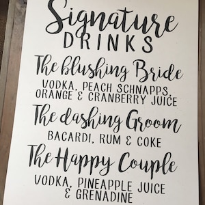 Wedding Signage SIGNATURE DRINKS CUSTOM Personalize Alcohol Mixes Happy Couple Bride Groom Recycled Eco Friendly image 1