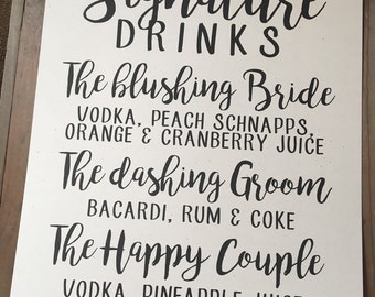 Wedding Signage - SIGNATURE DRINKS - CUSTOM Personalize - Alcohol Mixes - Happy Couple Bride Groom - Recycled - Eco Friendly