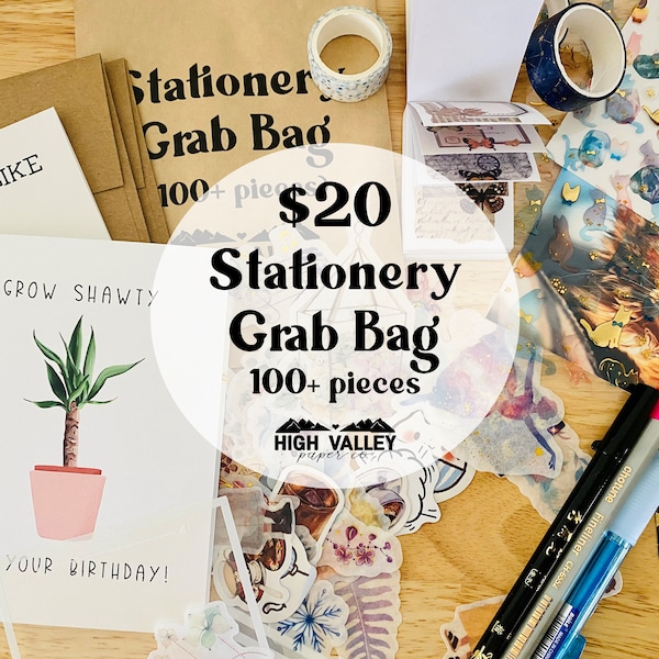 Stationery Mystery Grab Bag - Pen Pal Snail Mail Kit - 100 plus pieces - Greeting Cards - Postcards - Surprise - Stickers Pens - Ephemera