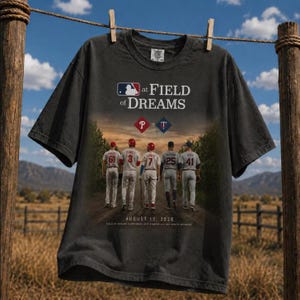 May include: A charcoal gray t-shirt featuring a graphic of five baseball players walking on a dirt path. The text reads "at FIELD of DREAMS" with the MLB logo, team initials P and T, and the date "AUGUST 13, 2026" printed below the players.