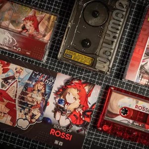 May include: A collection of Arknights Endfield cassette tapes and a portable cassette player. The items feature red and white anime-style character artwork, the text "ROSSI" and "SOUND OF ROSSI," and a transparent red cassette shell.
