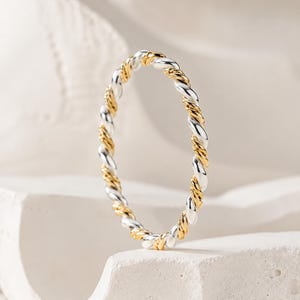 Two Tone Twisted Rope Ring, Minimalist Gold and Silver Stacking Band