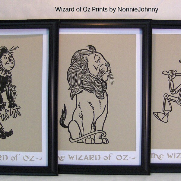 Wizard of Oz Prints, Cowardly Lion, Tin Woodman, Scarecrow, set of 3 ready-to-frame 8 x 10 white mats, sand prints