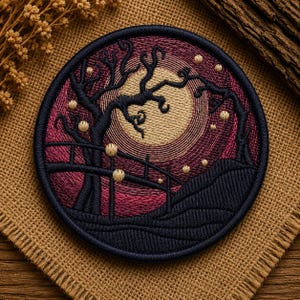 May include: A circular embroidered patch featuring a dark navy blue tree silhouette against a large, pale yellow full moon. The background consists of deep burgundy and dark red threadwork, with small yellow dots scattered throughout the scene.