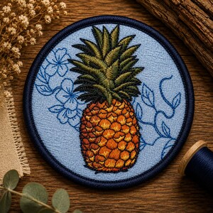 Puede incluir: Un parche bordado circular que presenta una piña central con un cuerpo texturizado en tonos naranja y amarillo y hojas de color verde oscuro. El fondo es azul claro con contornos de flores y enredaderas bordados en azul oscuro, con un borde azul marino.
