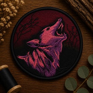 May include: A circular embroidered patch featuring a wolf howling at a dark red moon. The wolf is rendered in shades of purple and pink thread against a deep black background with silhouettes of bare tree branches visible on the sides.