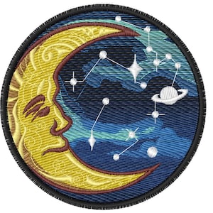 Celestial Moon Patch Embroidery Design, Cosmic Night Sky, Constellation Face (4x4 Hoop)