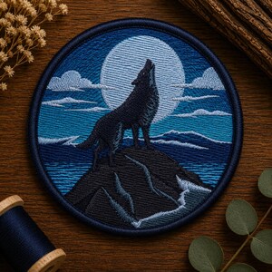 May include: A circular embroidered patch featuring a dark silhouette of a wolf howling at a large, pale blue full moon. The scene includes a rocky mountain peak, wispy clouds, and a deep blue night sky, all framed by a dark navy blue stitched border.