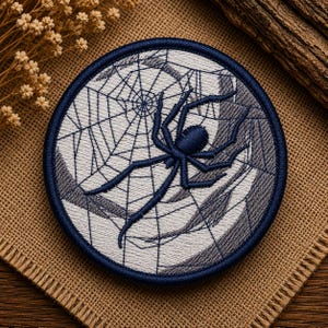 Pode incluir: Um emblema bordado circular apresentando uma aranha azul-marinho escuro centralizada sobre um fundo de teia de aranha branco e cinza. O emblema possui uma borda espessa costurada em azul-marinho escuro e um design detalhado e texturizado de uma aranha com oito pernas longas.