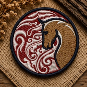 Elegant Horse Head Patch Embroidery Design, Equestrian Style, Red Swirls (4x4 Hoop)