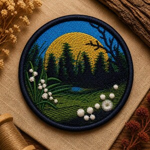 Puede incluir: Un parche bordado circular que presenta una escena de paisaje con un gran sol amarillo, pinos de color verde oscuro y un cielo azul. El primer plano muestra hierba verde con flores de lirio de los valles blancas y pequeños detalles florales.