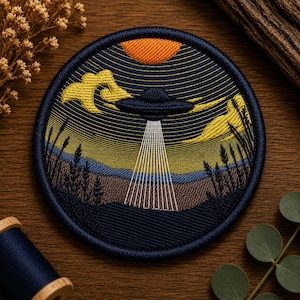 UFO-cirkelbroderilapp, främmande rymdskepp Sci-fi-scen (digital nedladdning)