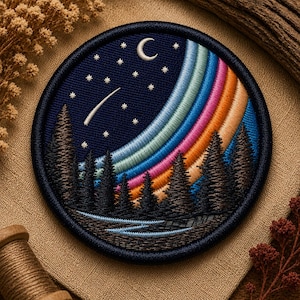 Night Forest Embroidery Patch, Rainbow Sky Moon Scene, Woodland Nature Design (Digital File)