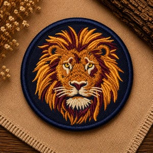 Puede incluir: Un parche bordado circular que presenta una cabeza de león detallada con una melena de color amarillo dorado, acentos de color rojo oscuro y ojos amarillos penetrantes. El león está centrado sobre un fondo azul marino con un borde grueso cosido.