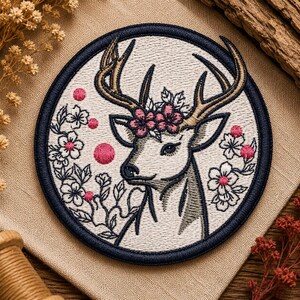 Deer Embroidery Design, Floral Deer Head Circle Patch Machine Embroidery File, Woodland Animal PES DST JEF 4x3 Hoop