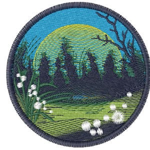 May include: A circular embroidered patch featuring a landscape scene with a large yellow sun against a blue sky. Dark silhouettes of trees and branches frame the horizon, while white floral elements are stitched in the foreground.