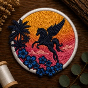 Black Pegasus Embroidery Patch, Winged Horse Sunset Scene, Fantasy Machine File (4x4 Hoop)
