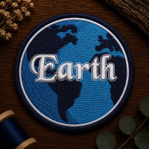 May include: A circular embroidered patch featuring a stylised map of the Earth with dark navy blue continents against a bright blue ocean background. The word Earth is stitched across the centre in white, bold, cursive lettering with a dark outline.