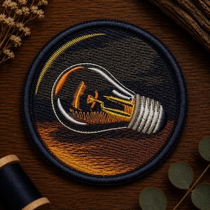 May include: A circular embroidered patch featuring a light bulb design on a black background. The bulb is rendered in shades of white, yellow, and orange thread, with a metallic silver base. A thin yellow crescent arc sits above the bulb.