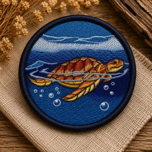 Sea Turtle Embroidery Patch, Ocean Waves Machine Embroidery File (4x4 Hoop)