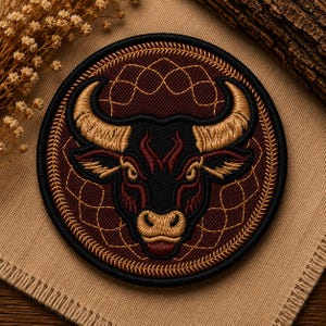 以下が含まれることがあります： 黒、ダークレッド、ゴールドの糸で雄牛の頭が中央に刺繍された円形のワッペン。雄牛には目立つ金色の角と詳細な鼻先が施されている。ワッペンの背景はダークレッドの生地で、金色のステッチが施されている。