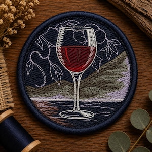 Wine Glass Patch Embroidery Design, Vineyard Scene, Red Wine Circle (Digital Download)