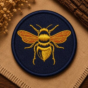 May include: A circular embroidered patch featuring a detailed yellow and orange bee design centered on a dark navy blue background. The patch has a thick, dark navy blue stitched border, showcasing intricate thread work on the wings and body.