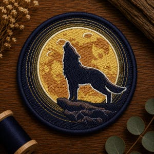 Wolf Moon Embroidery Patch, Howling Wolf Wildlife Design (4x4 Hoop)