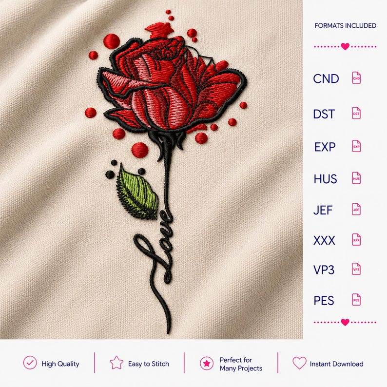 Embroidy Design Roses Rose Embroidery Design, Red Floral Machine Embroidery File, Love ...
